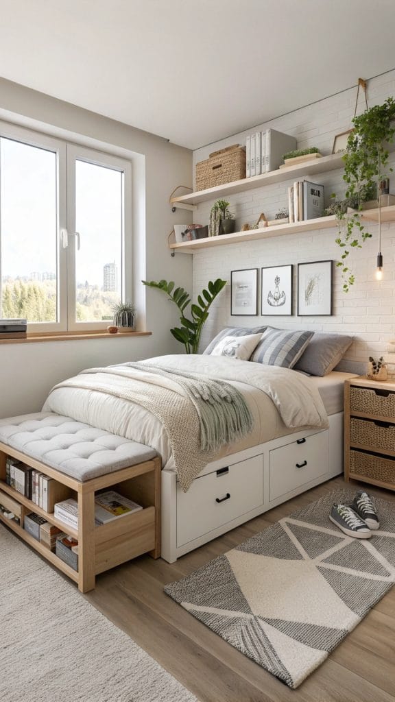 Small bedroom with multifunctional furniture including a storage ottoman and compact bedside table.