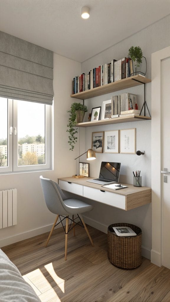Small bedroom with wall-mounted floating desk and shelves to save floor space