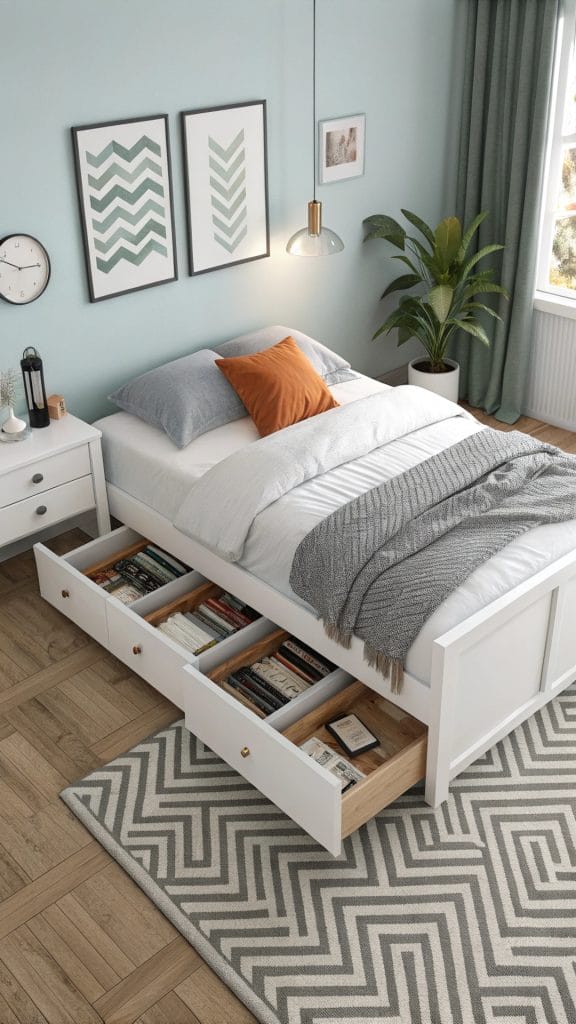 Platform bed with built-in storage drawers in a modern small bedroom.