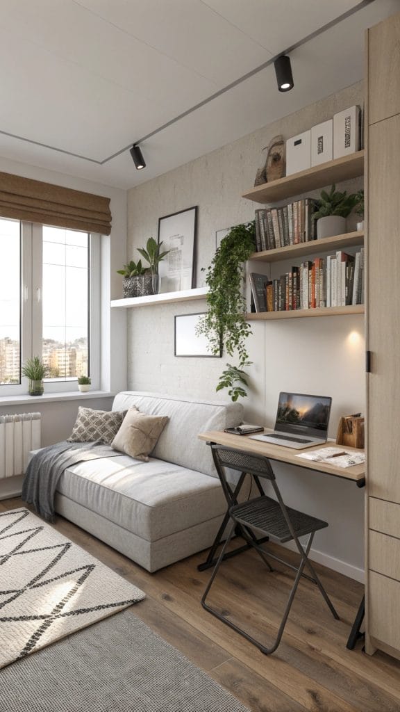 Small bedroom with sofa bed and compact desk for multi-purpose use.