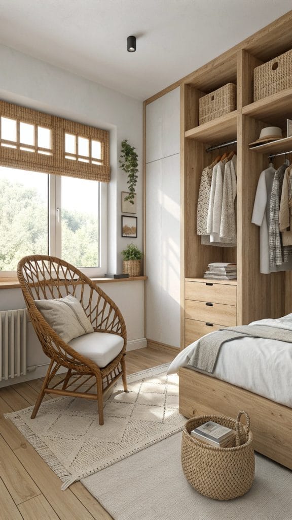 Small bedroom decorated with natural materials like wood and rattan.