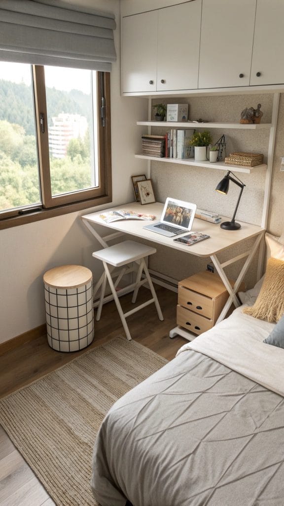 Foldable desk and stackable stools in a small bedroom for flexible use.