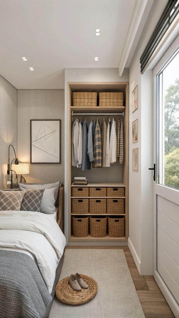 Small bedroom with a soft rug under the bed defining the sleeping area.