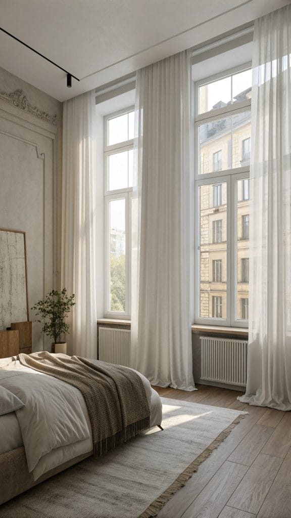 Small bedroom with floor-to-ceiling curtains creating the illusion of height.