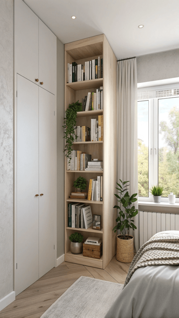 Small bedroom using tall shelves and vertical storage to maximize space.