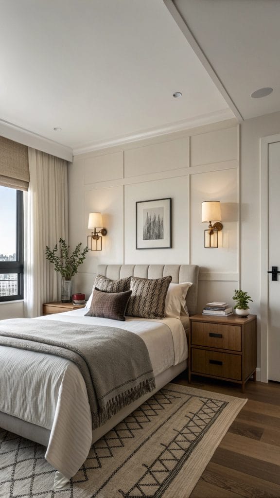 Small bedroom with wall-mounted reading sconces freeing up nightstand space.