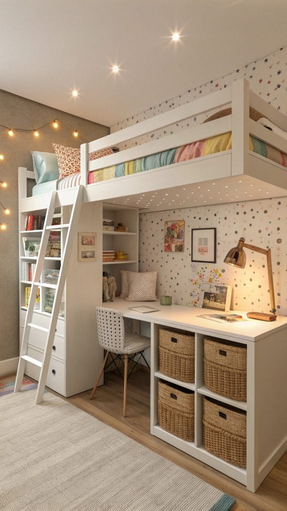 Kids’ small bedroom with bunk bed and built-in storage for toys.