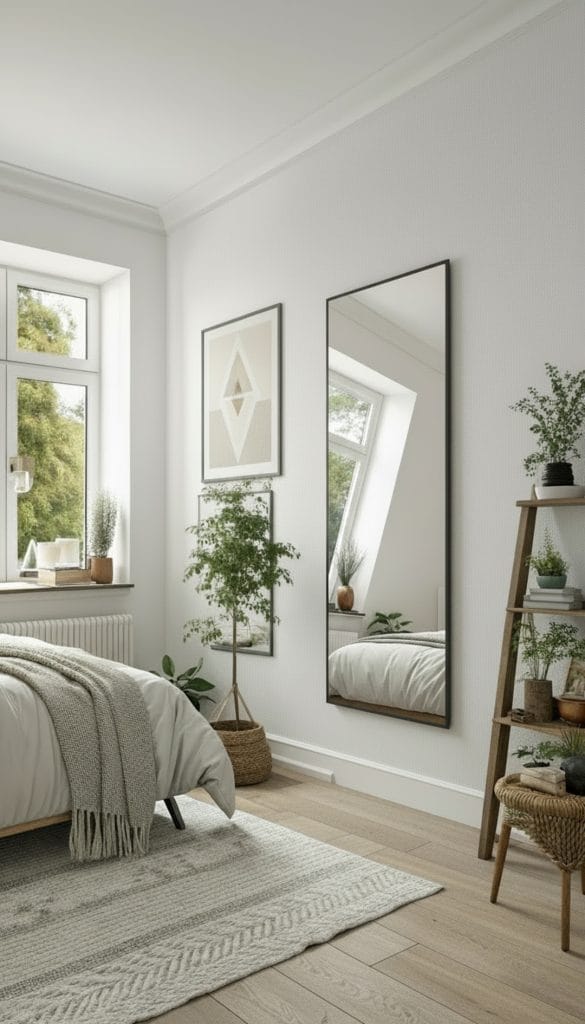 Full-length mirror in a small bedroom reflecting natural light to create a spacious feel.