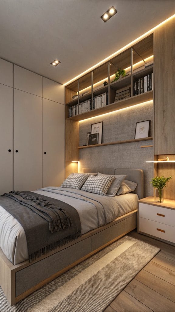 Small bedroom with soft LED lighting creating a warm and cozy atmosphere.
