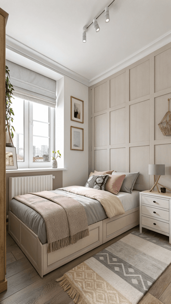 Small bedroom decorated with neutral colors like white and beige for a bright look.